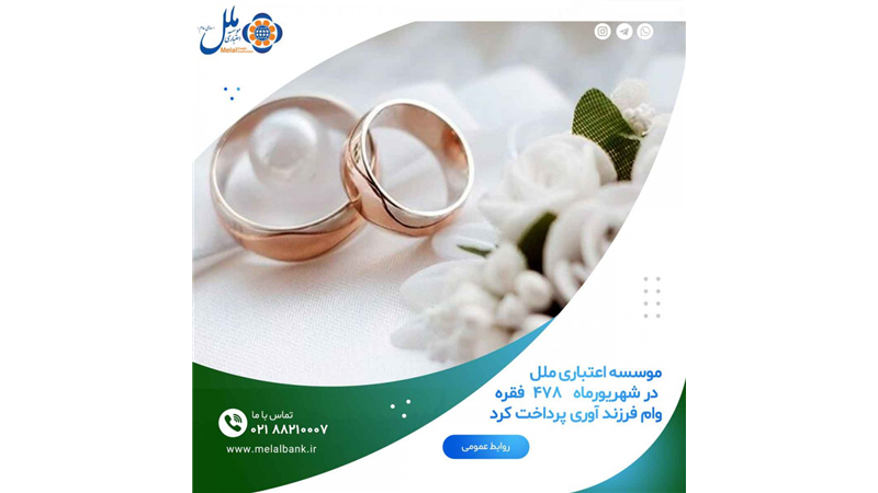 موسسه اعتباری ملل در شهریورماه  339  فقره وام ازدواج پرداخت کرد